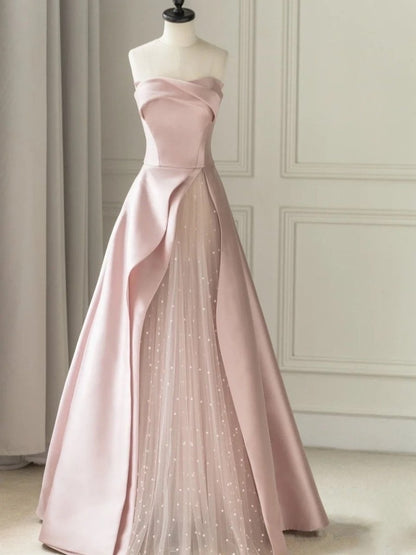 Pink Satin A-Line Floor-Length Evening Gown with Slit Strapless Prom Dress