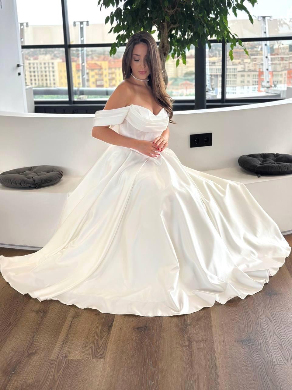 Off-Shoulder Satin A-Line Wedding Dress