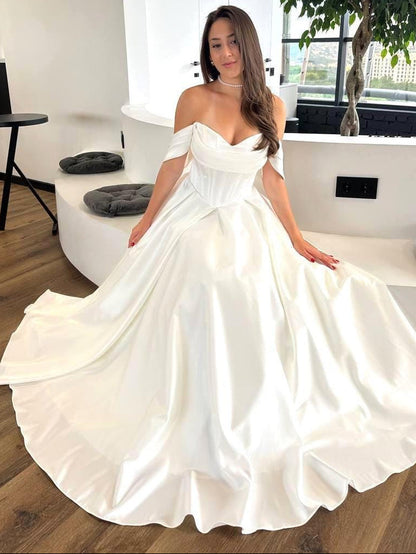 Off-Shoulder Satin A-Line Wedding Dress