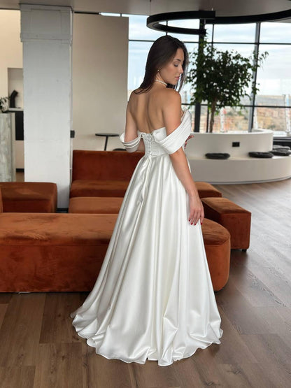 Off-Shoulder Satin A-Line Wedding Dress