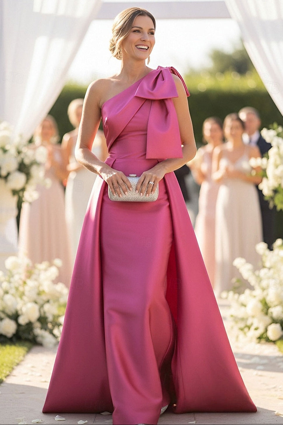 Fuchsia One Shoulder Sleeveless Mermaid Bow Evening Dress
