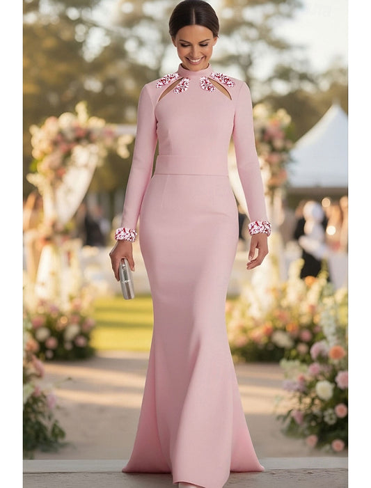 Pink Long Sleeve Sequins Mermaid Cut Outs Evening Dress