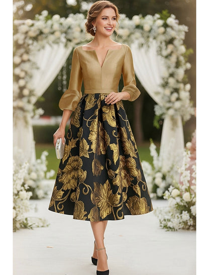 V-Neck 3/4 Sleeve A-Line Flowers Floral Print Tea-Length Evening Dress