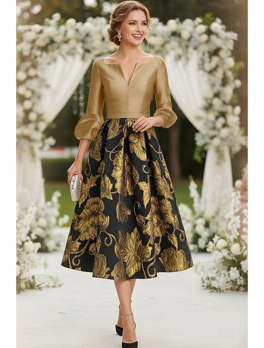 V-Neck 3/4 Sleeve A-Line Flowers Floral Print Tea-Length Evening Dress