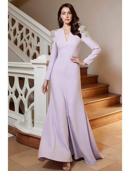 V-Neck Beaded Sparkle Long Sleeve Mermaid Evening Dress