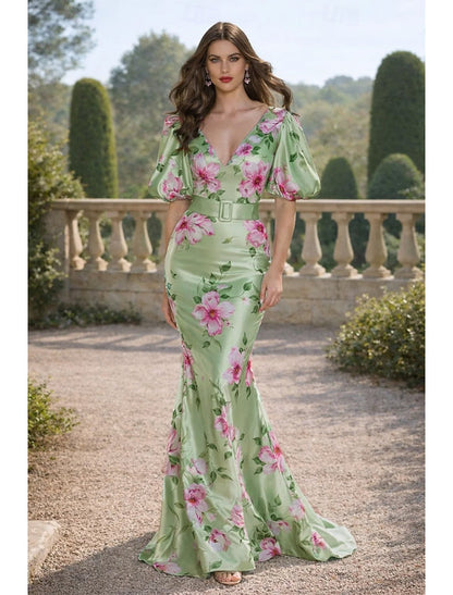 Green V-Neck Half Sleeve Floral Print Mermaid Evening Dress