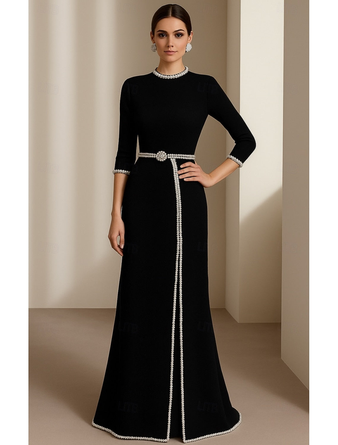 O-Neck 3/4 Sleeve Mermaid Beaded Side Slit Formal Evening Dress