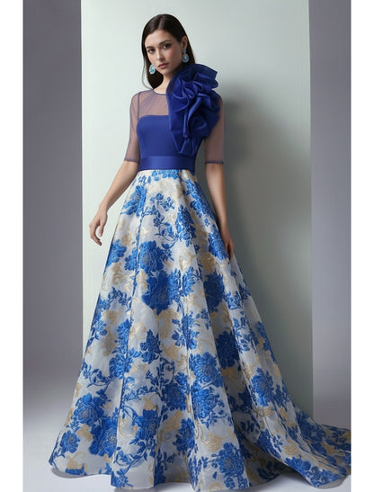 Half Sleeve Flowers Floral Print A-Linr Evening Dress Floor-Length