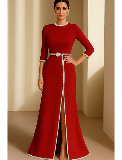 O-Neck 3/4 Sleeve Mermaid Beaded Side Slit Formal Evening Dress