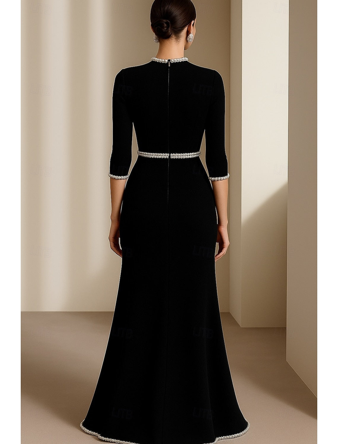 O-Neck 3/4 Sleeve Mermaid Beaded Side Slit Formal Evening Dress