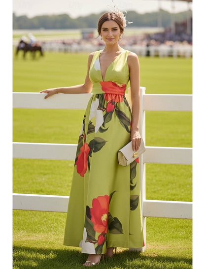 Green Halter Floral Print Sleeveless A-Line Ankle-Length Evening Dress