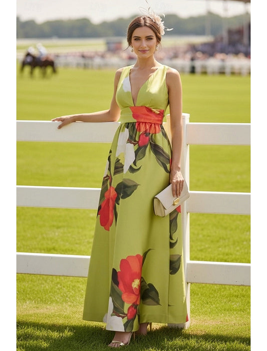 Green Halter Floral Print Sleeveless A-Line Ankle-Length Evening Dress