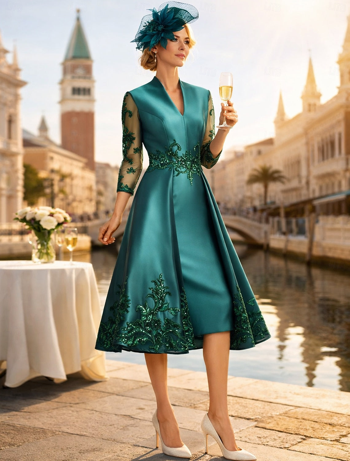 V-Neck 3/4 Sleeve Applique A-Line Knee-Length Evening Dress
