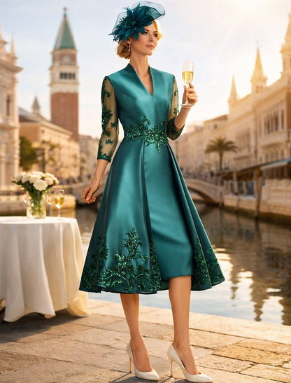 V-Neck 3/4 Sleeve Applique A-Line Knee-Length Evening Dress