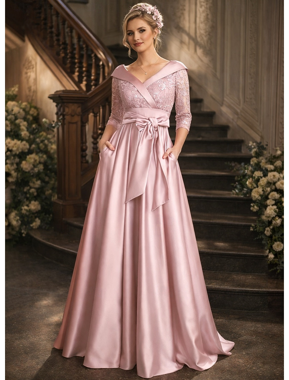 V-Neck 3/4 Sleeve Bow A-Line Lace Floor-Length Evening Dress