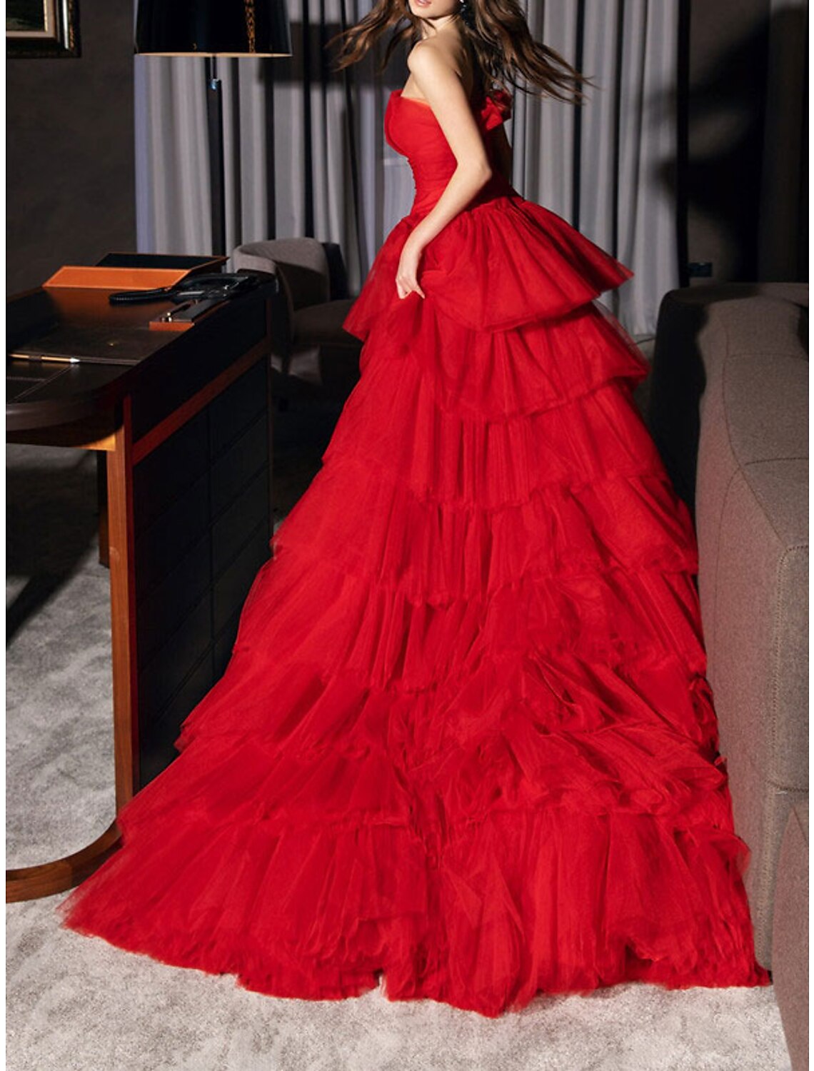 Princess Strapless Evening Dresses Asymmetrical Prom Party Dress