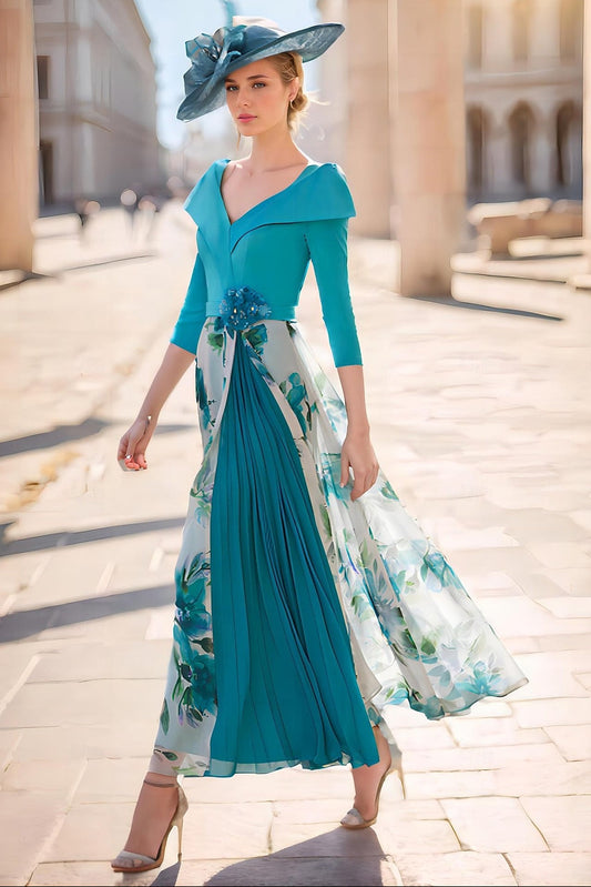 V-Neck 3/4 Sleeve Flowers A-Line Floral Print Evening Dress