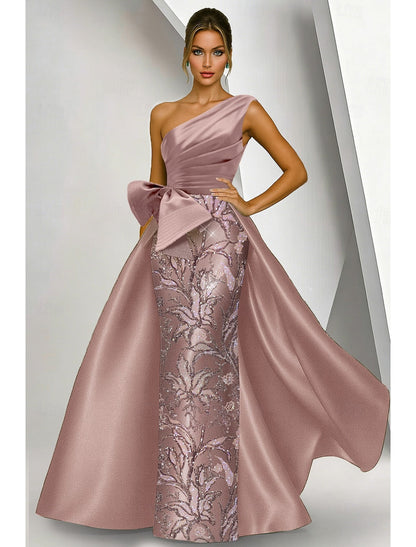 One Shoulder Sleeveless Bow Sequins Sparkle Evening Dress