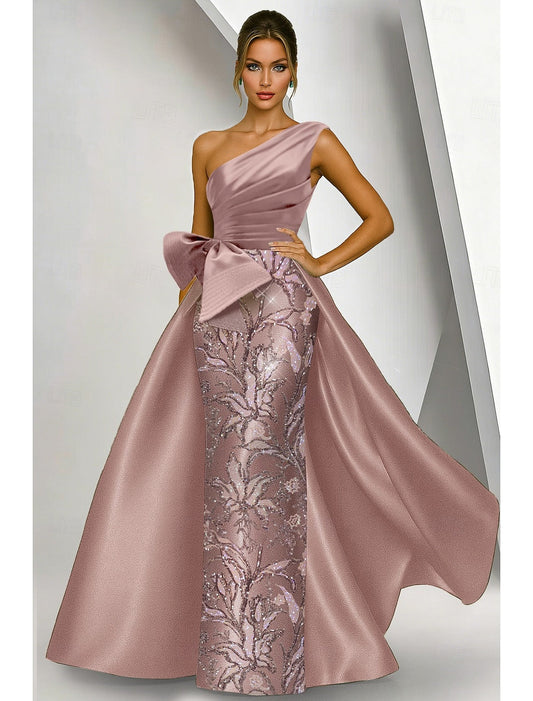 One Shoulder Sleeveless Bow Sequins Sparkle Evening Dress