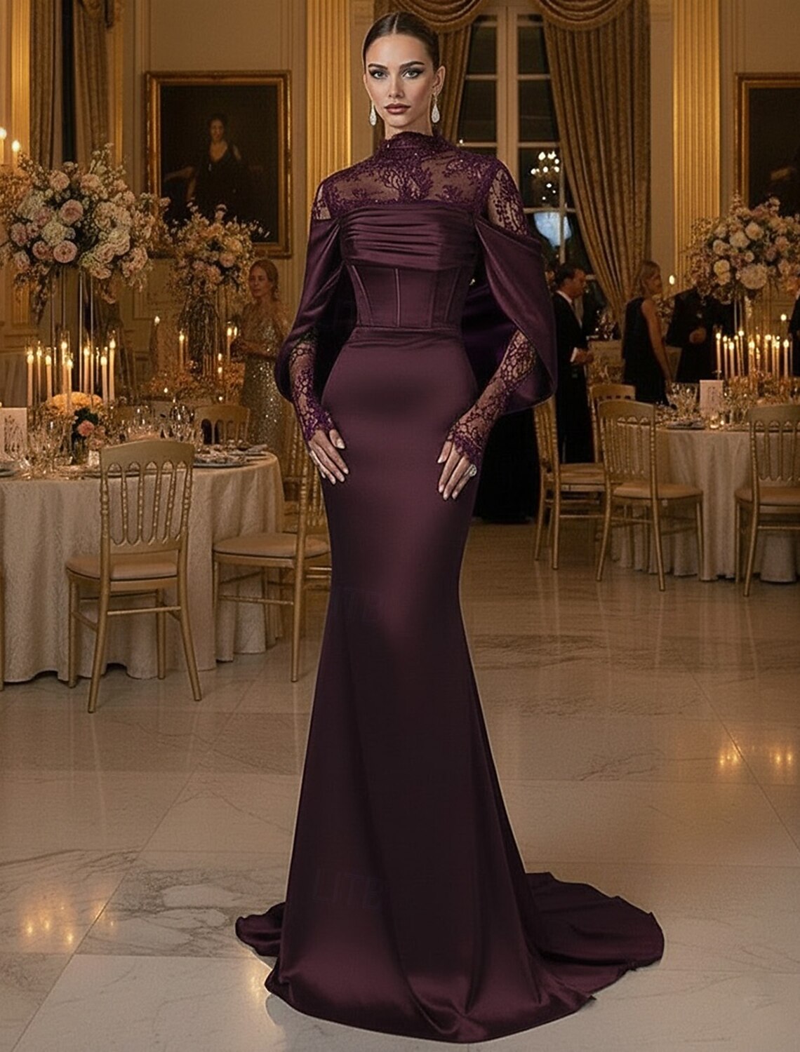 Gold Satin High Neck Evening Gown