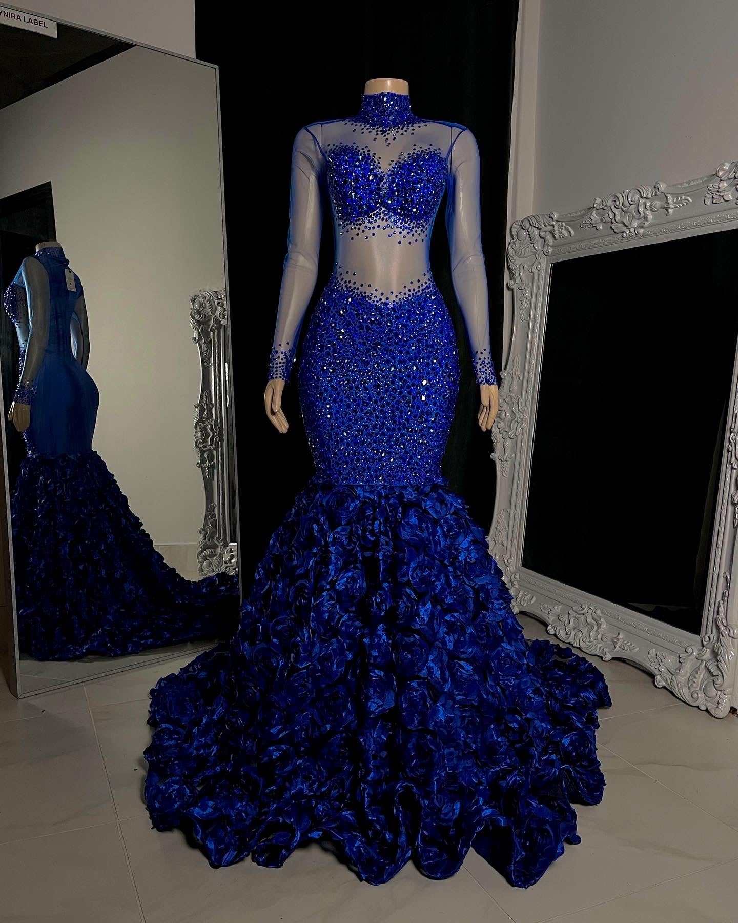 Royal Blue High Neck Corset Tulle Mermaid Prom Dress