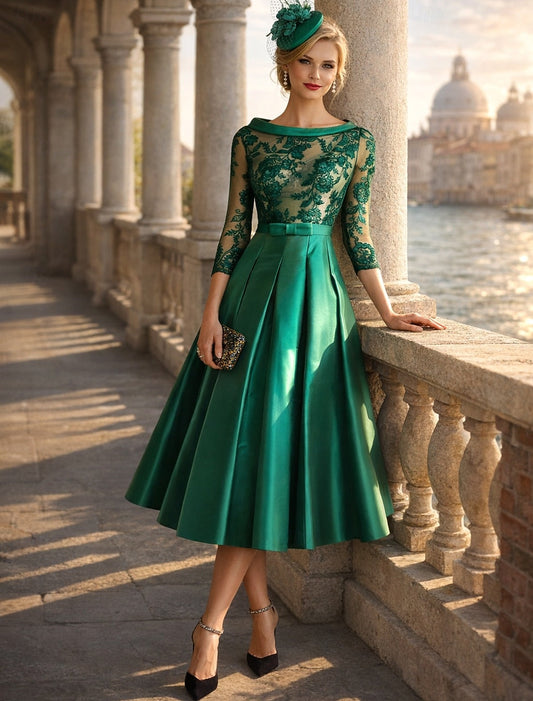 Lace Applique 3/4 Sleeve A-Line Tea-Length Evening Dress