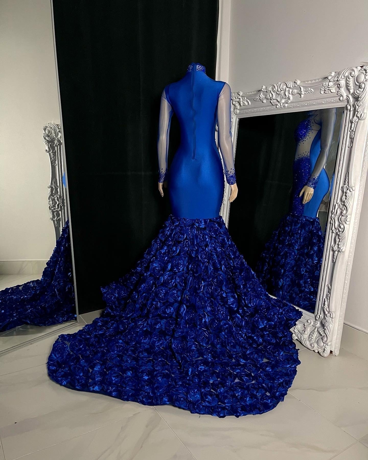 Royal Blue High Neck Corset Tulle Mermaid Prom Dress