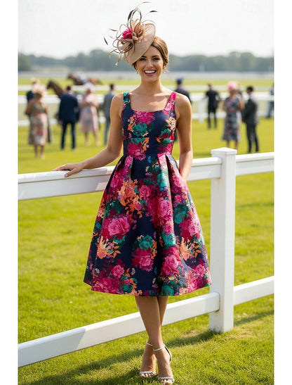 Square Neck Sleeveless Flowers Floral Print A-Line Tea-Length Evening Dress