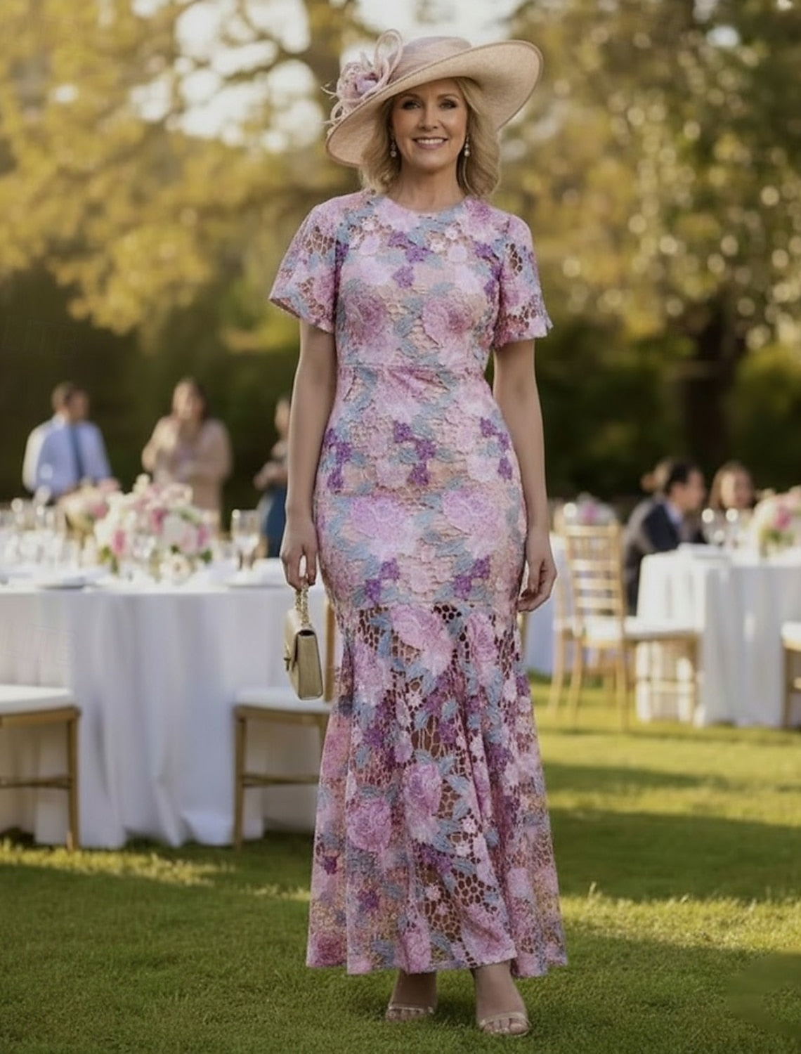 Half Sleeve Flowers Floral Print Mermaid Ankle-Length Evening Dress