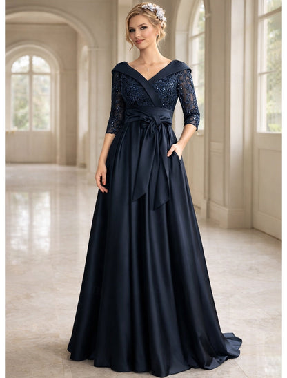 V-Neck 3/4 Sleeve Bow A-Line Lace Floor-Length Evening Dress