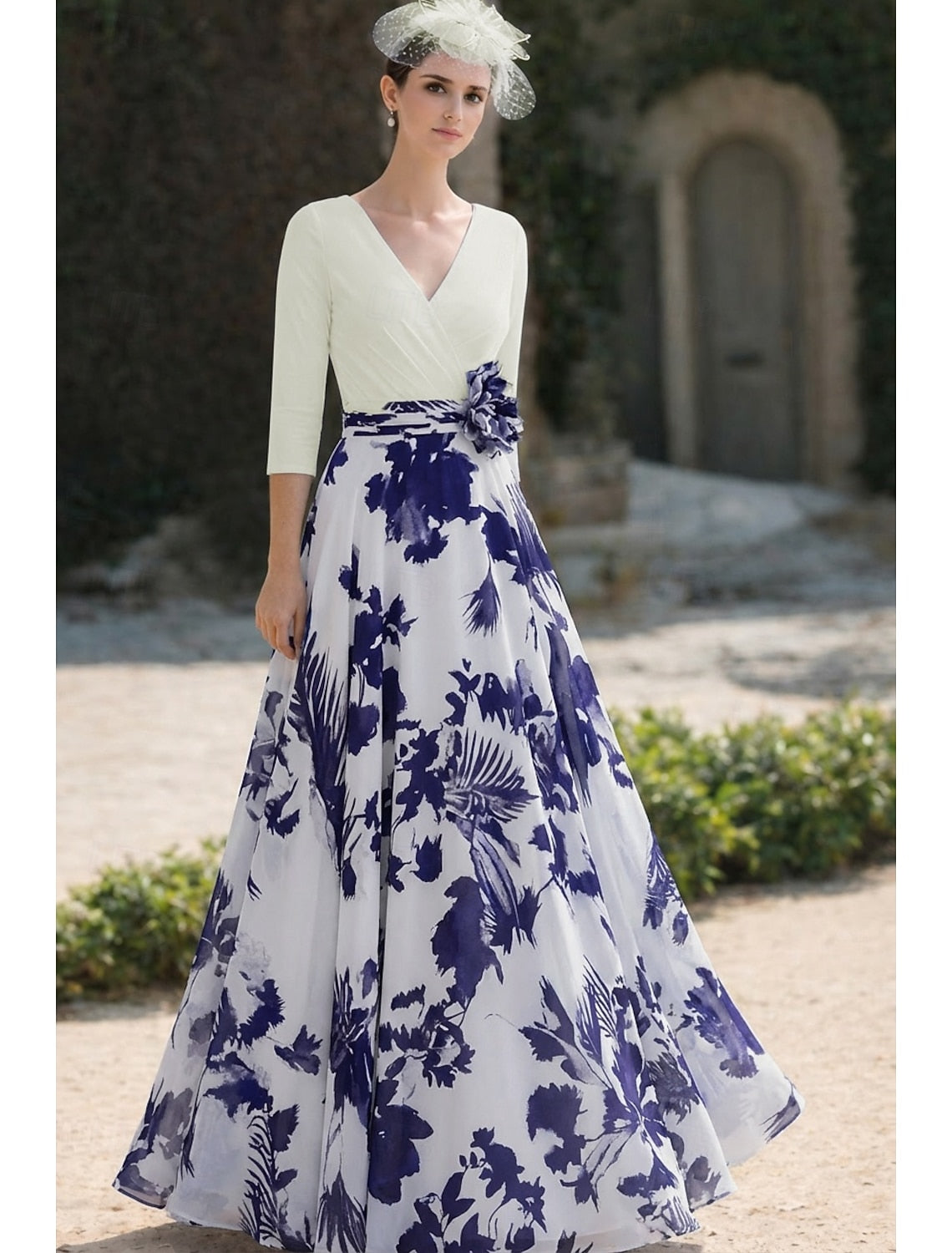 V-Neck 3/4 Sleeve Flowers A-Line Floral Print Evening Dress