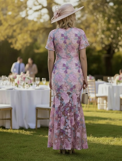 Half Sleeve Flowers Floral Print Mermaid Ankle-Length Evening Dress