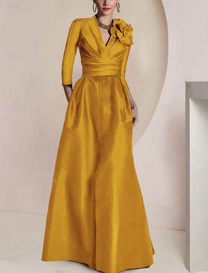 Flowers V-Neck Long Sleeve A-Line Side Slit Evening Dress