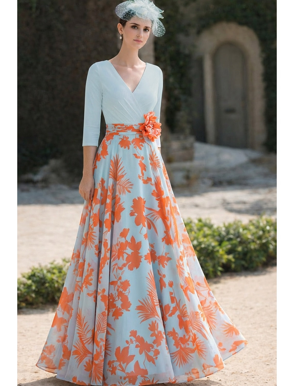 V-Neck 3/4 Sleeve Flowers A-Line Floral Print Evening Dress