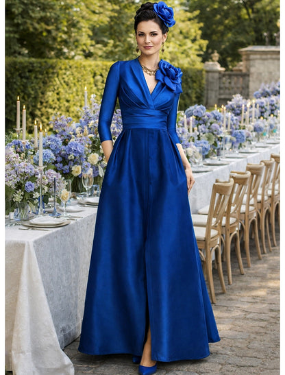 Flowers V-Neck Long Sleeve A-Line Side Slit Evening Dress