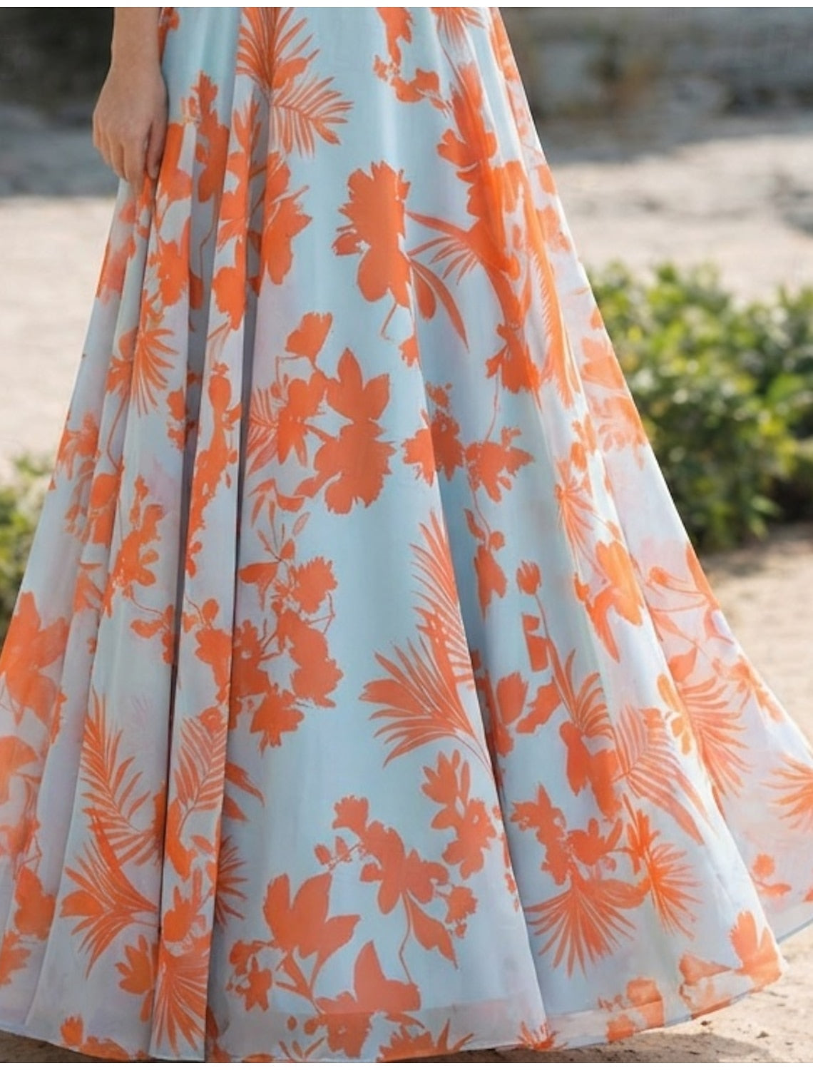 V-Neck 3/4 Sleeve Flowers A-Line Floral Print Evening Dress