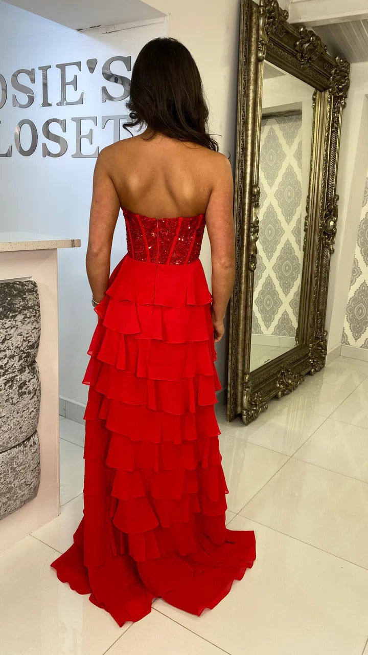 Red Stunning Evening Gown with Side Slit Strapless Prom Dress