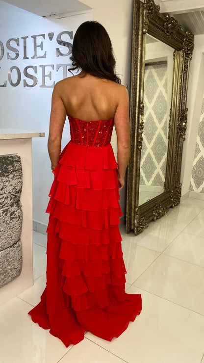 Red Stunning Evening Gown with Side Slit Strapless Prom Dress