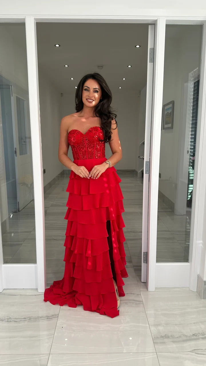 Red Stunning Evening Gown with Side Slit Strapless Prom Dress