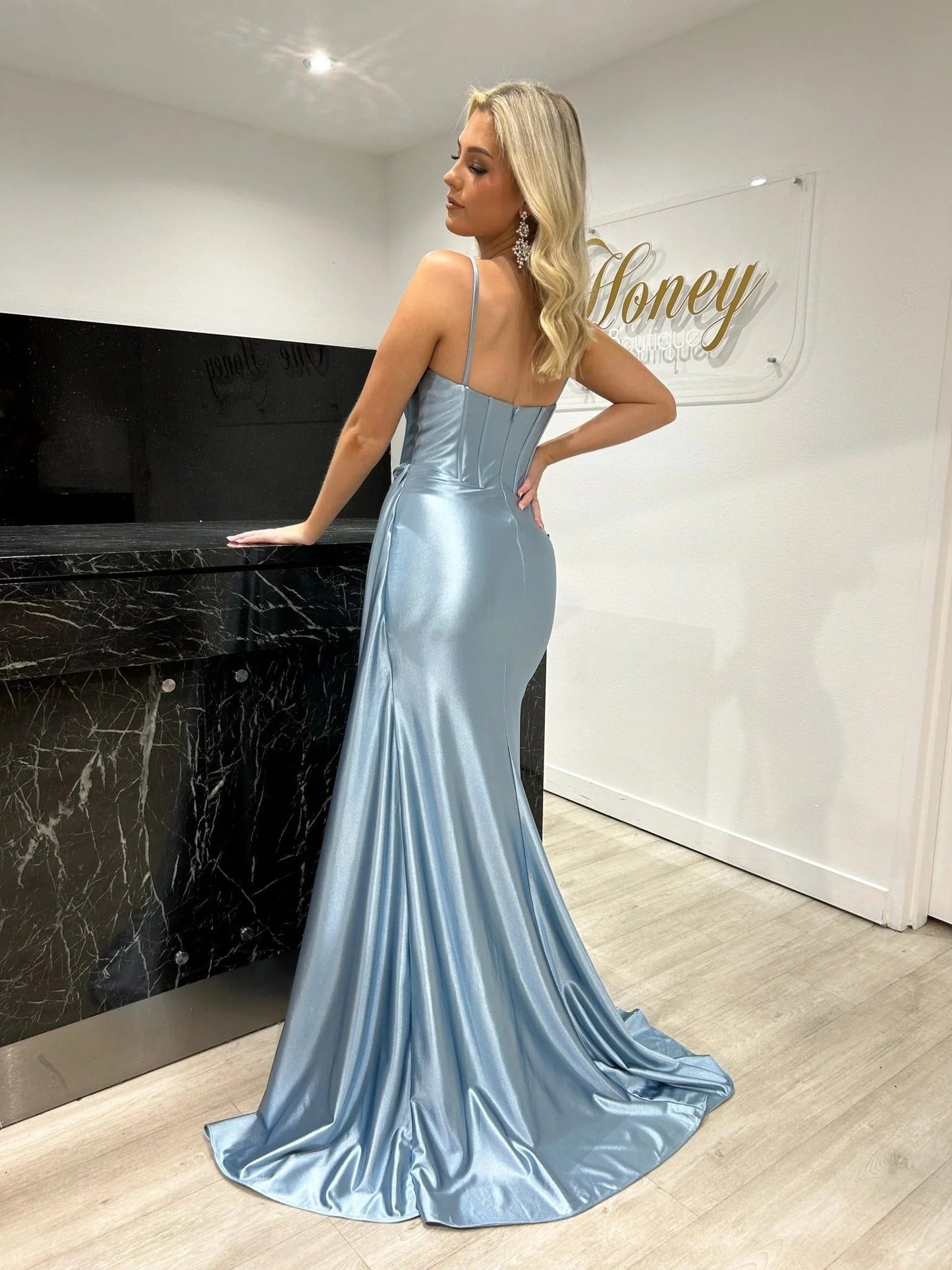 Crystal Sexy Slit Spaghetti Strap Formal Evening Dress