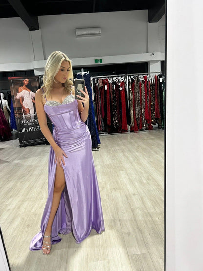Crystal Sexy Slit Spaghetti Strap Formal Evening Dress