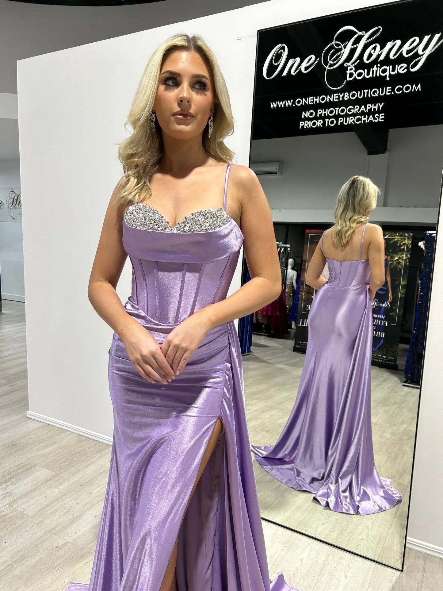 Crystal Sexy Slit Spaghetti Strap Formal Evening Dress