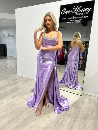 Crystal Sexy Slit Spaghetti Strap Formal Evening Dress