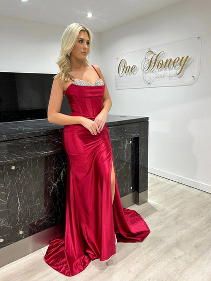 Crystal Sexy Slit Spaghetti Strap Formal Evening Dress