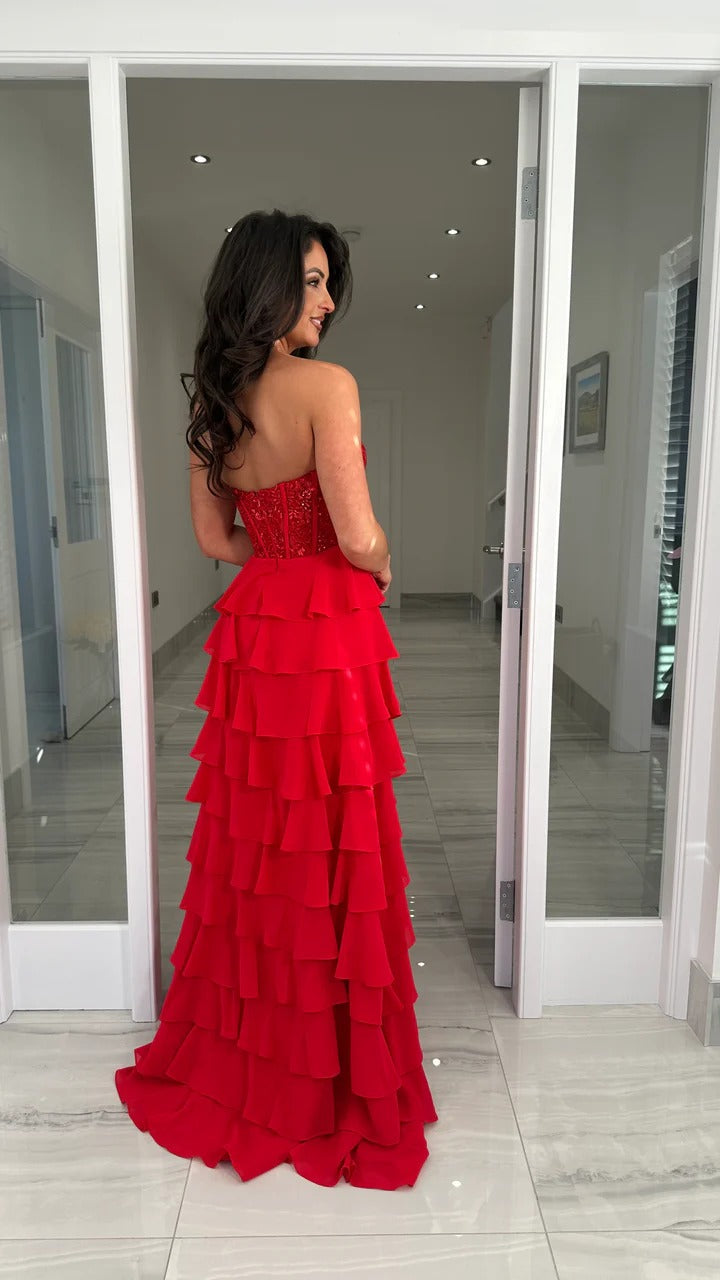Red Stunning Evening Gown with Side Slit Strapless Prom Dress