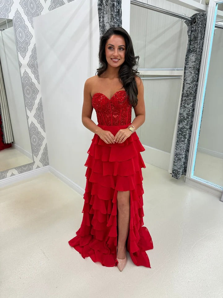 Red Stunning Evening Gown with Side Slit Strapless Prom Dress