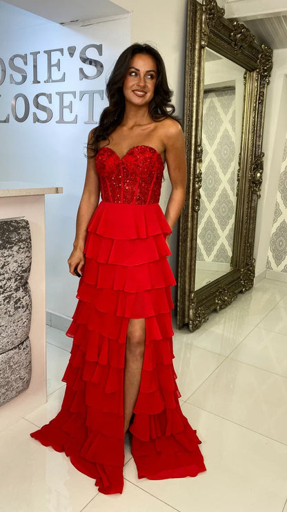 Red Stunning Evening Gown with Side Slit Strapless Prom Dress