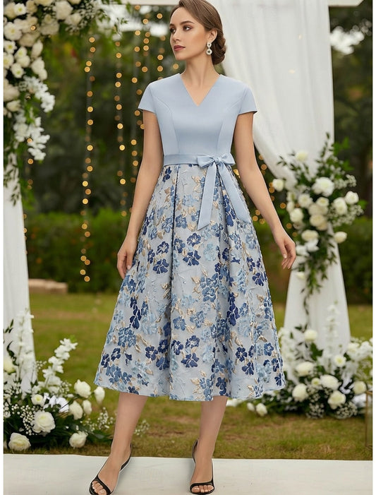 Bow Sleeveless A-Line Floral Print Tea-Length Evening Dress