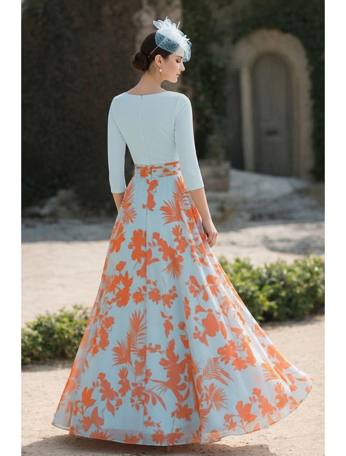V-Neck 3/4 Sleeve Flowers A-Line Floral Print Evening Dress