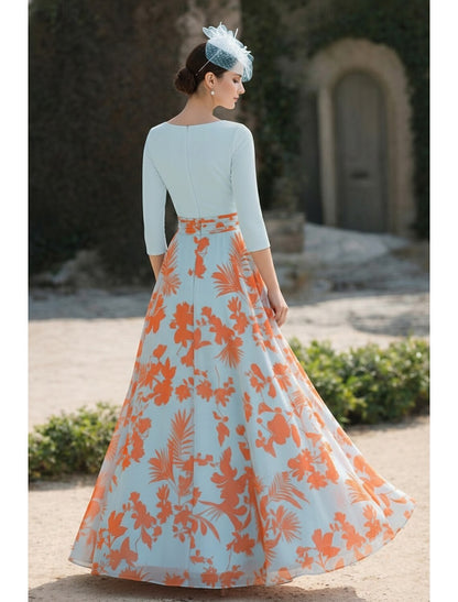 V-Neck 3/4 Sleeve Flowers A-Line Floral Print Evening Dress